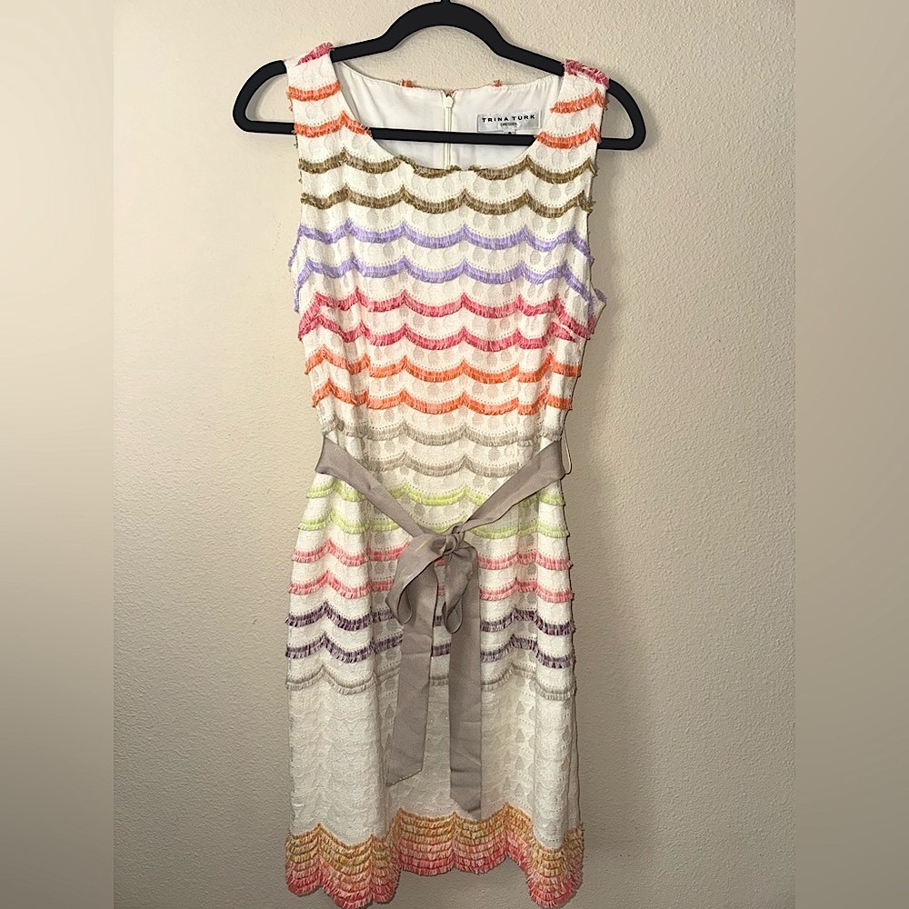 Trina Turk Keller Scalloped Lace Fringe Dress, Ribbon Tie, Size 8